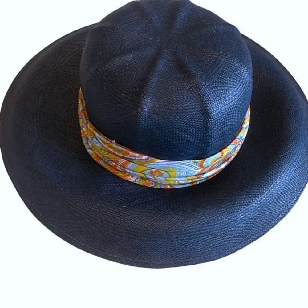 Vintage‎ Filene’s Navy Blue Sun Straw Hat with Satin Paisley Ribbon